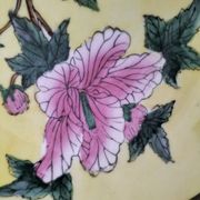 A pair of vintage Chinese decorative plates with floral designs on a yellow background.