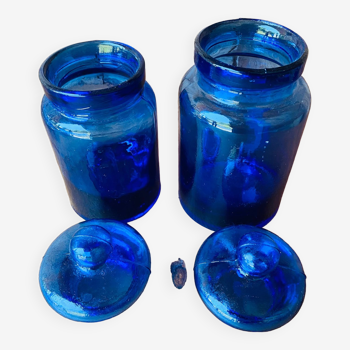 Duo of cobalt blue glass jars