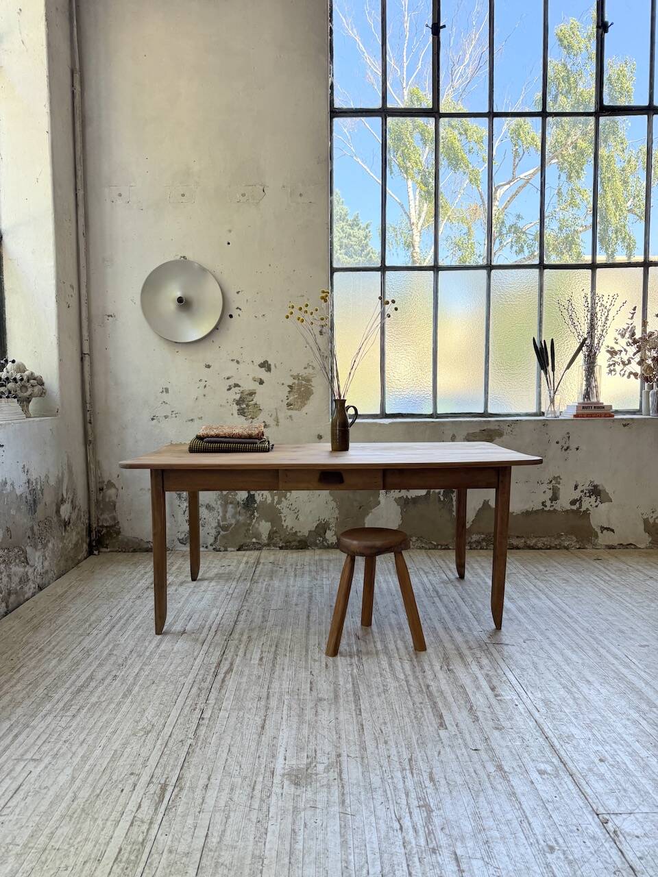 Beech and pine farmhouse table with spindle legs 170 cm