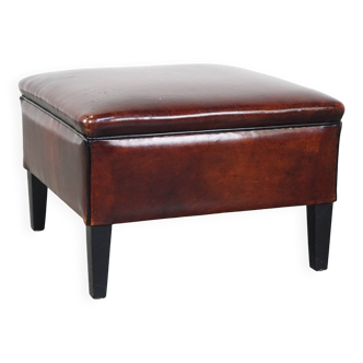 Large square sheepskin leather ottoman with a beautiful patina