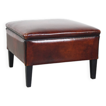 Large square sheepskin leather ottoman with a beautiful patina