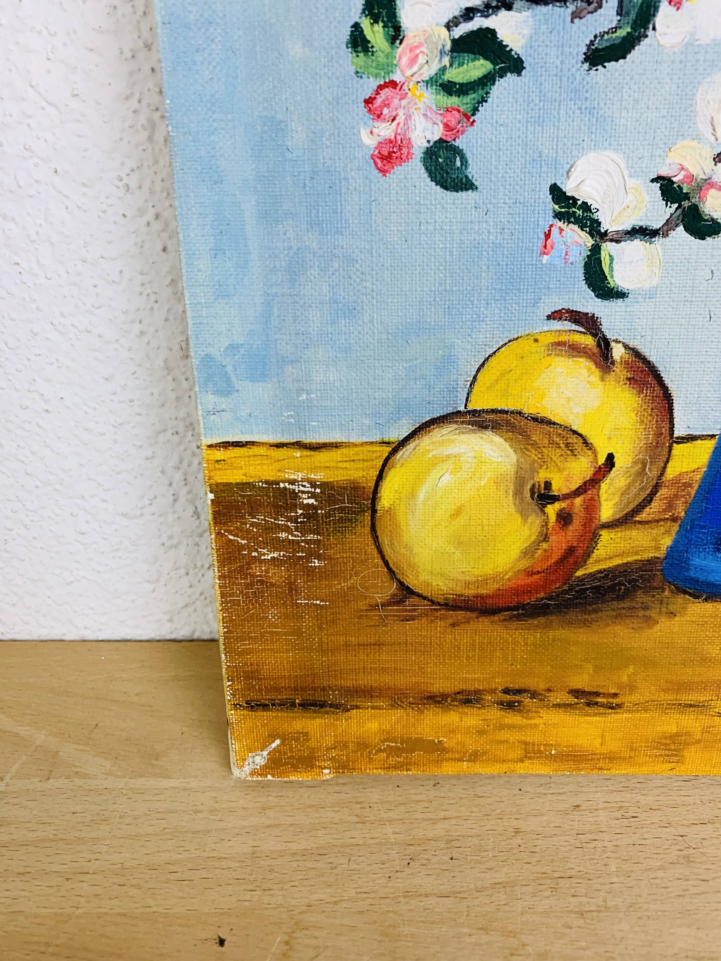 Still life painting bouquet of flowers and apples