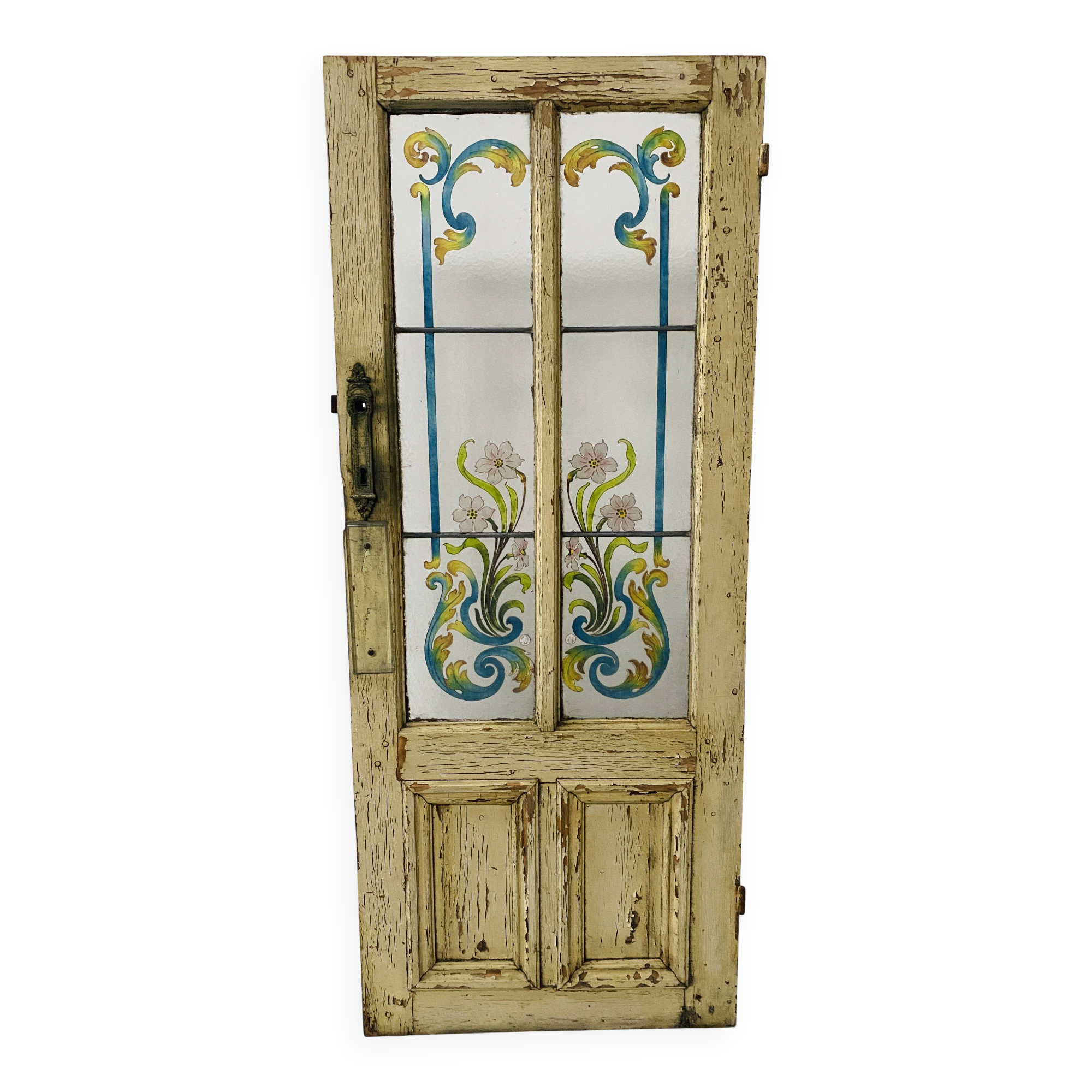Passage door in patinated fir and Art Deco painted glass