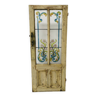 Passage door in patinated fir and Art Deco painted glass