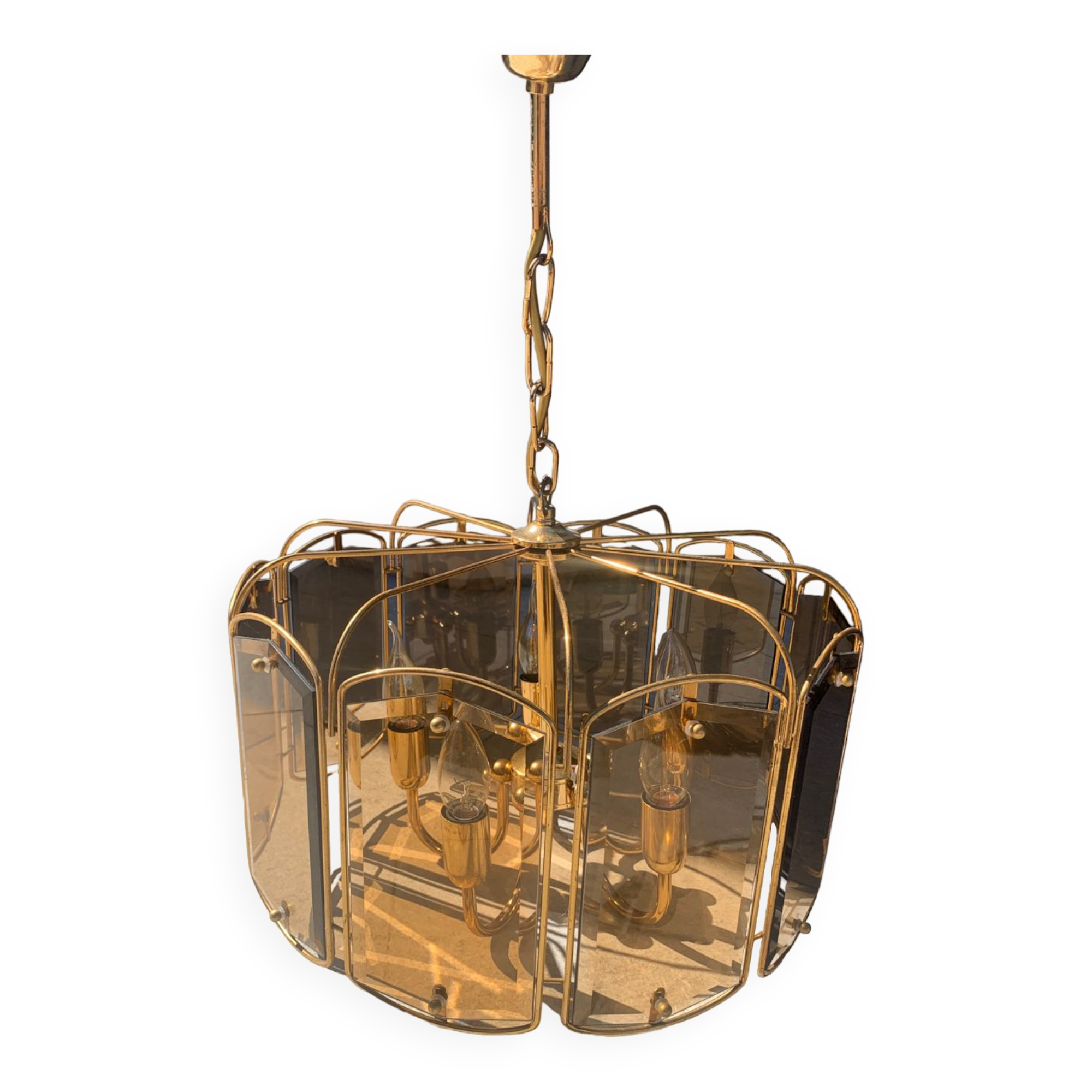 Brass and tinted glass pendant light