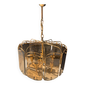 Brass and tinted glass pendant light