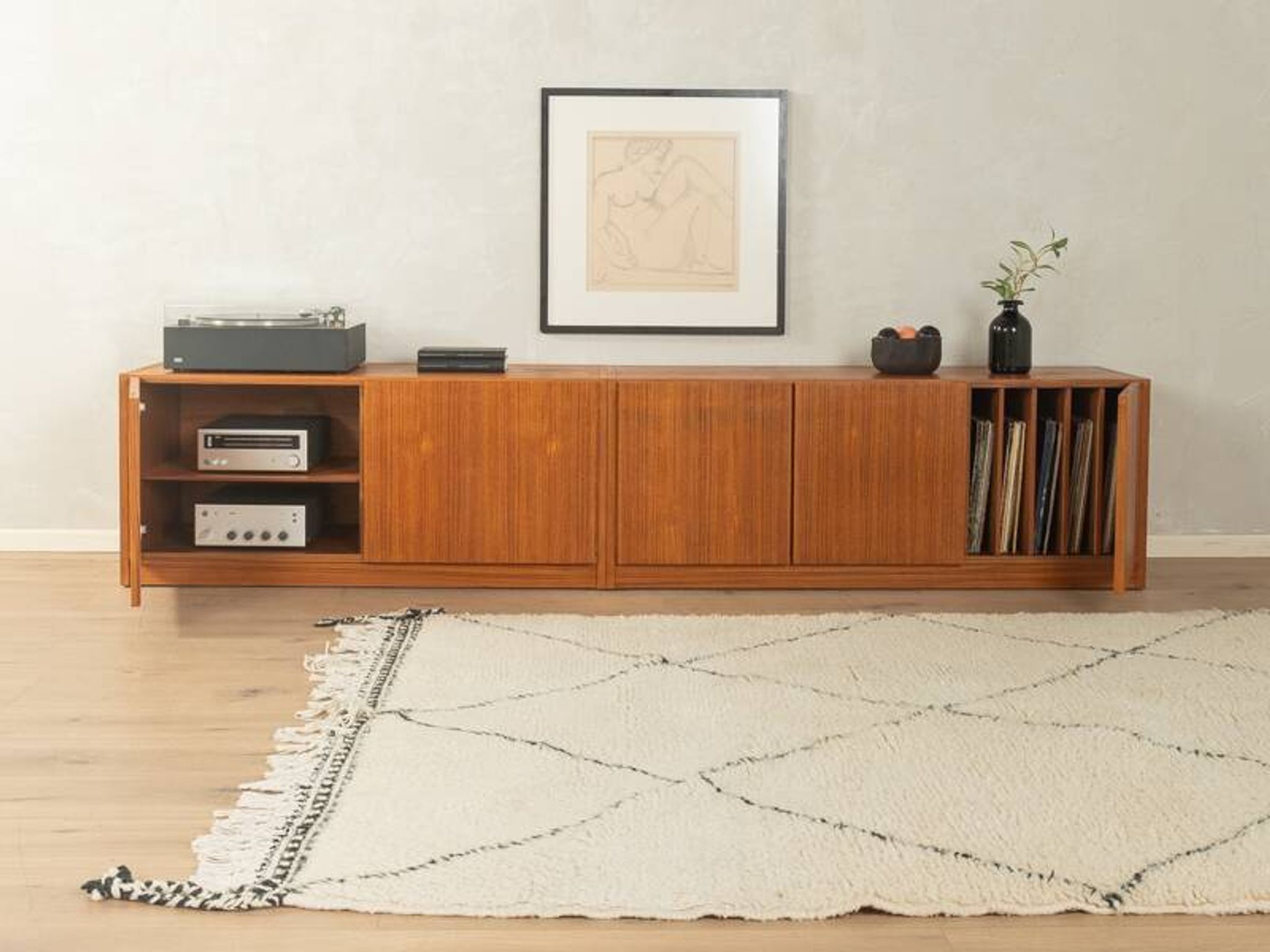 Two-piece hi-fi sideboard from the 1960s, teak veneer