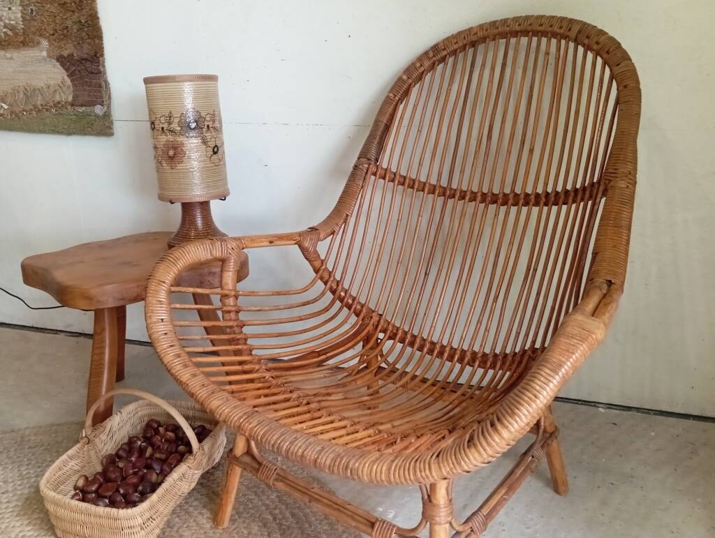 Pair of high-back rattan armchairs