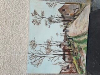 Canvas on village scene frame signed vintage Denise