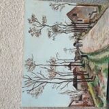 Canvas on village scene frame signed vintage Denise