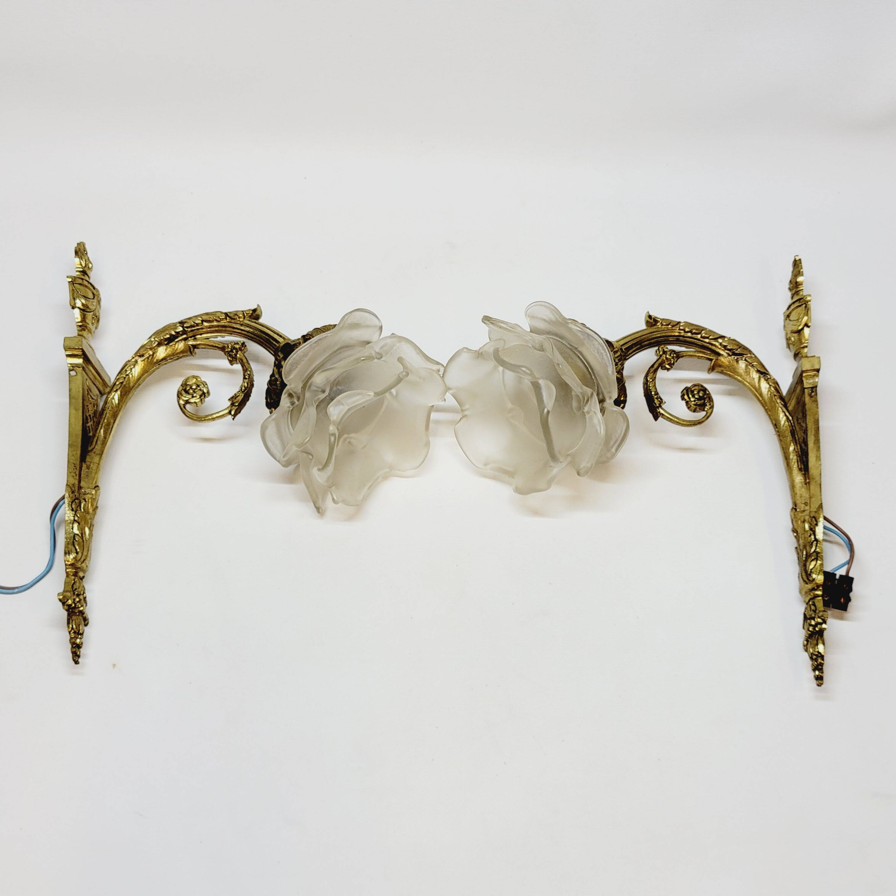 2 19th Century Gilt Bronze Wall Sconces with Molded Glass Globes in the Shape of