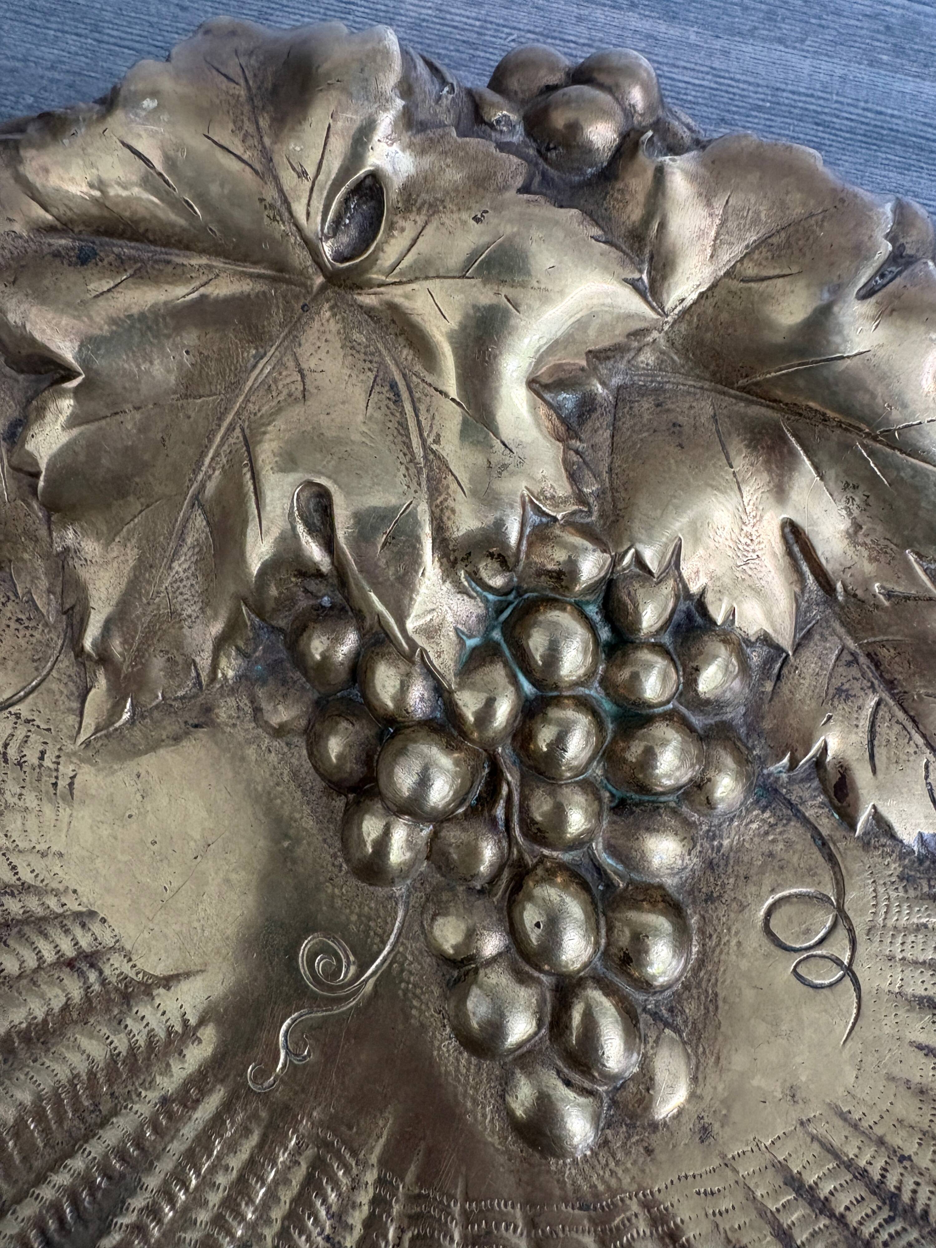 Superb antique brass tray with Art Nouveau grapes.