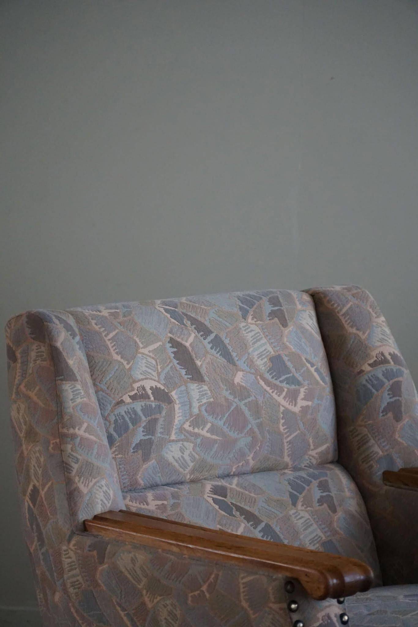 Mid-century modern Danish, pair of oak armchairs with original fabric, 1960s.