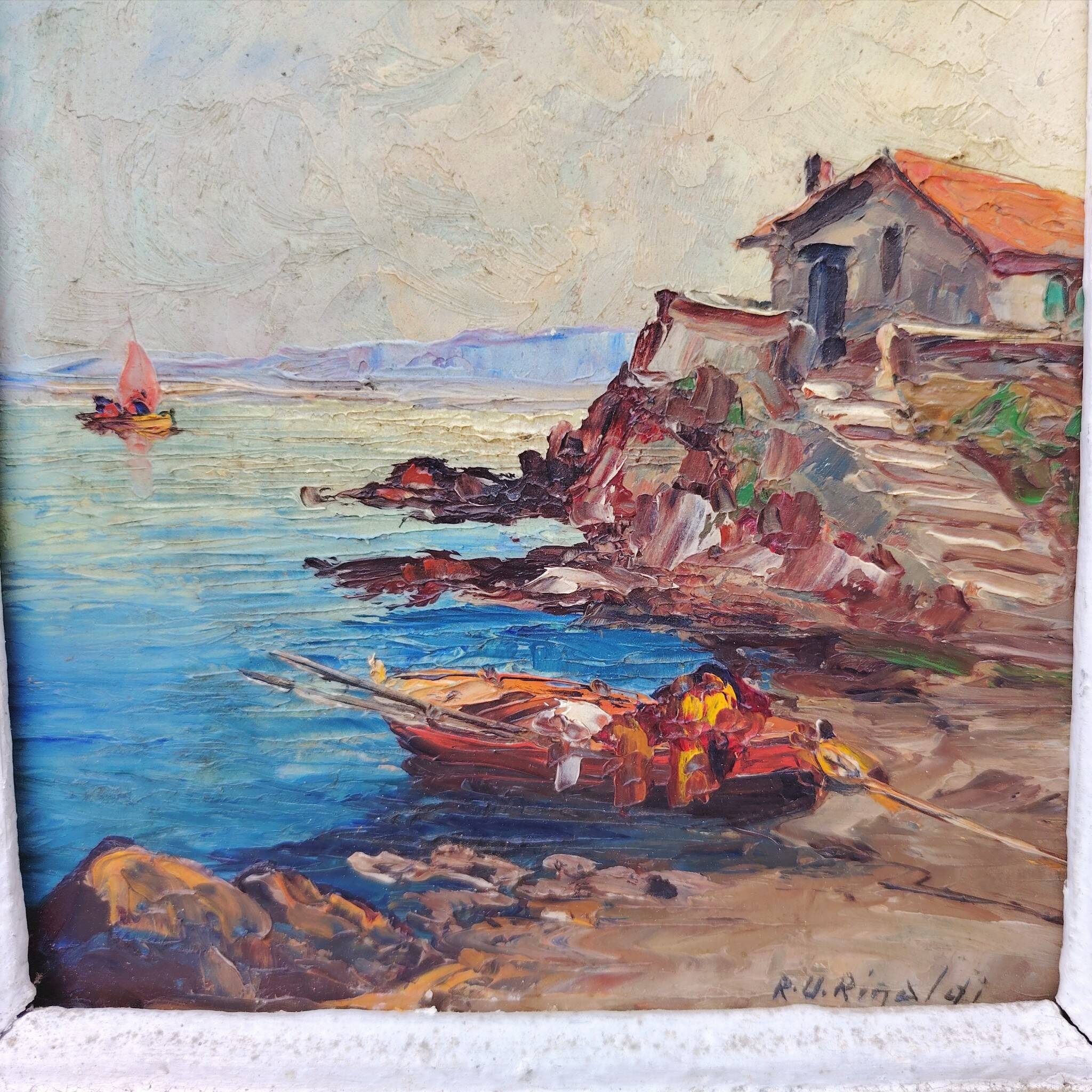Oil on panel, seascape, vintage, R.U Rinaldi