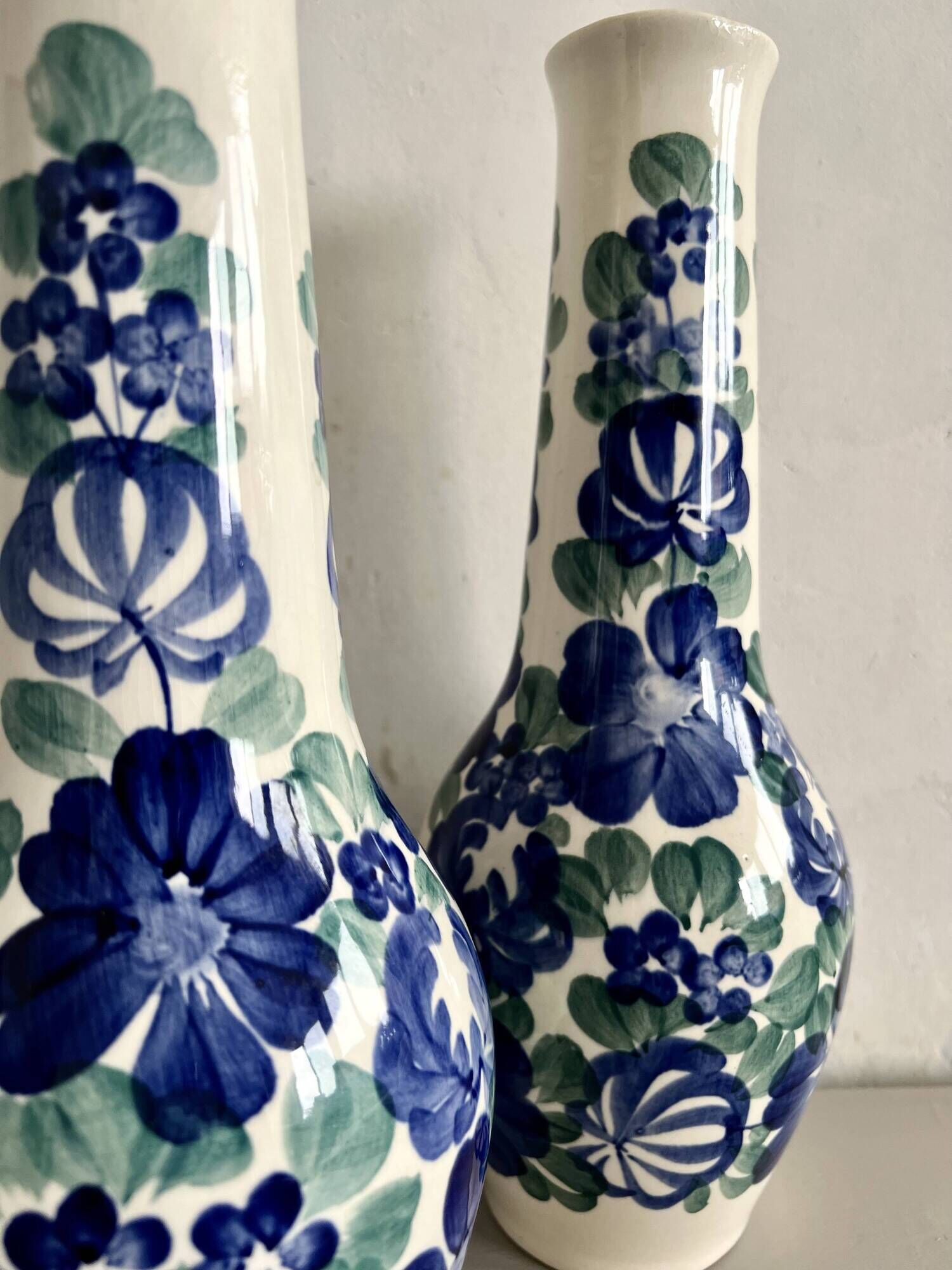 Lot of large Polish ceramic vases with hand-painted blue floral decoration