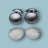 Pair of vintage shell-shaped butter dishes – stainless steel and glass