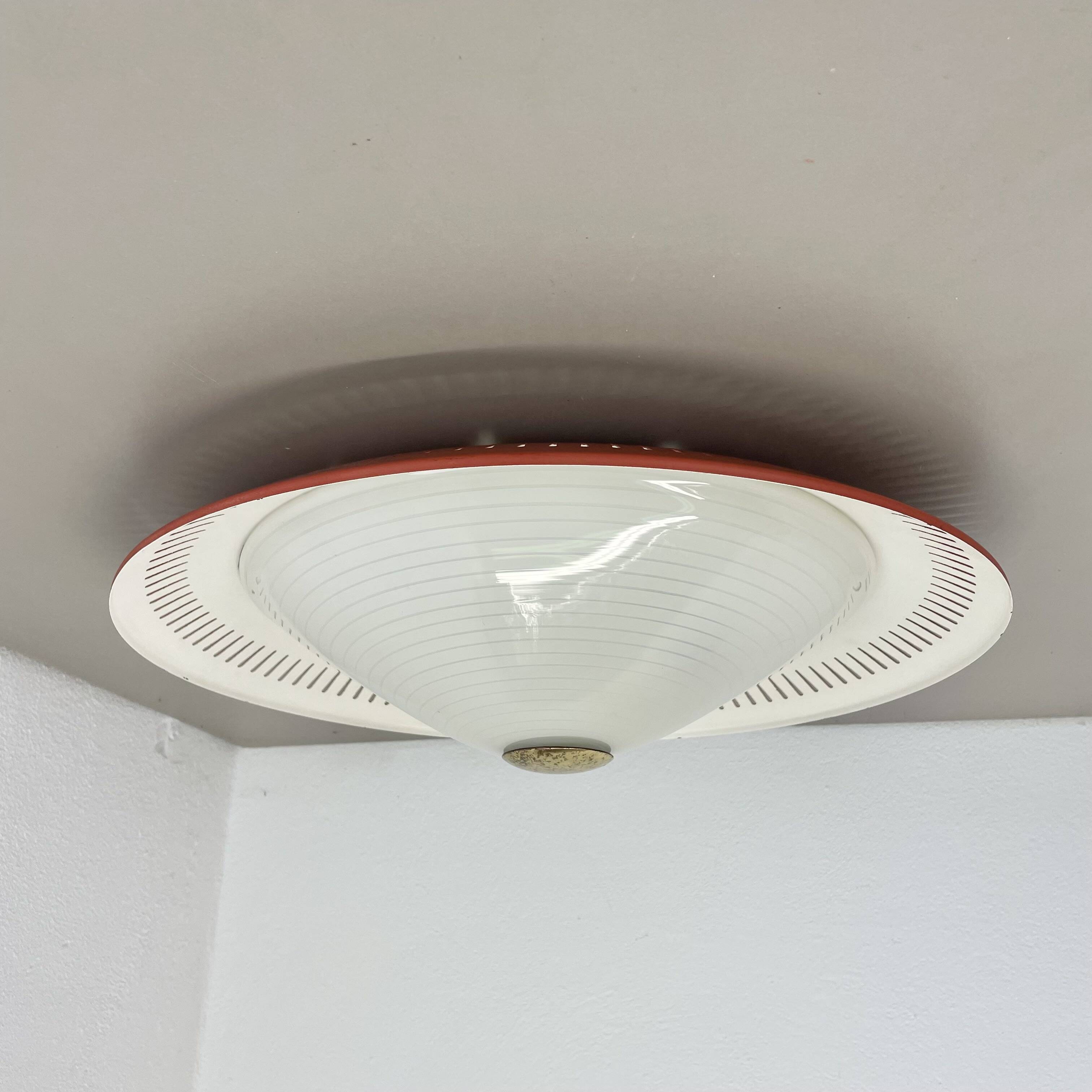 Modernist Stilnovo Style Metal glass Ceiling Flushmount Light, Italy 1950s