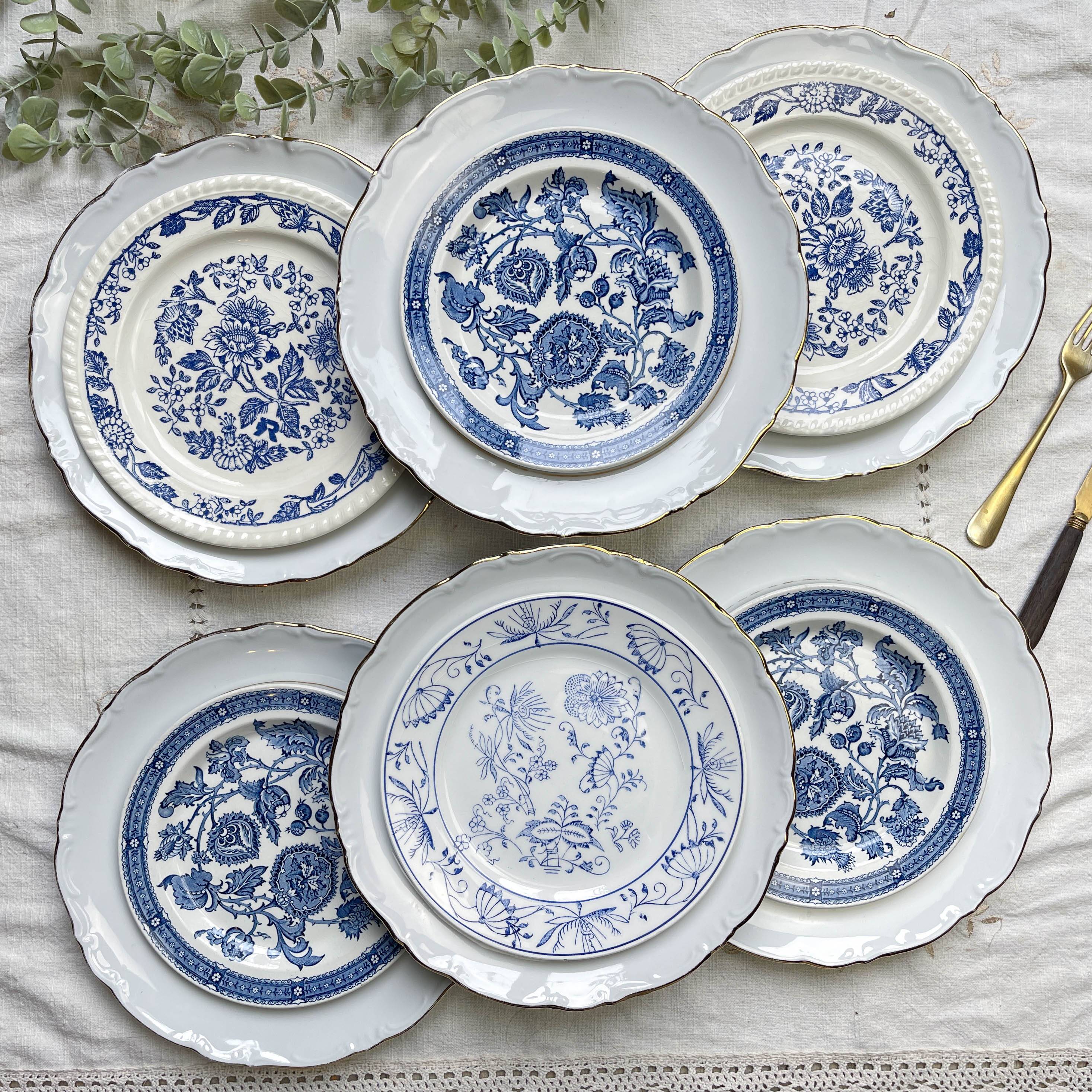 6 Vintage White Porcelain Plates with Gold Trim + 6 Small Mismatched Blue Jacobean Plates