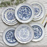 6 Vintage White Porcelain Plates with Gold Trim + 6 Small Mismatched Blue Jacobean Plates