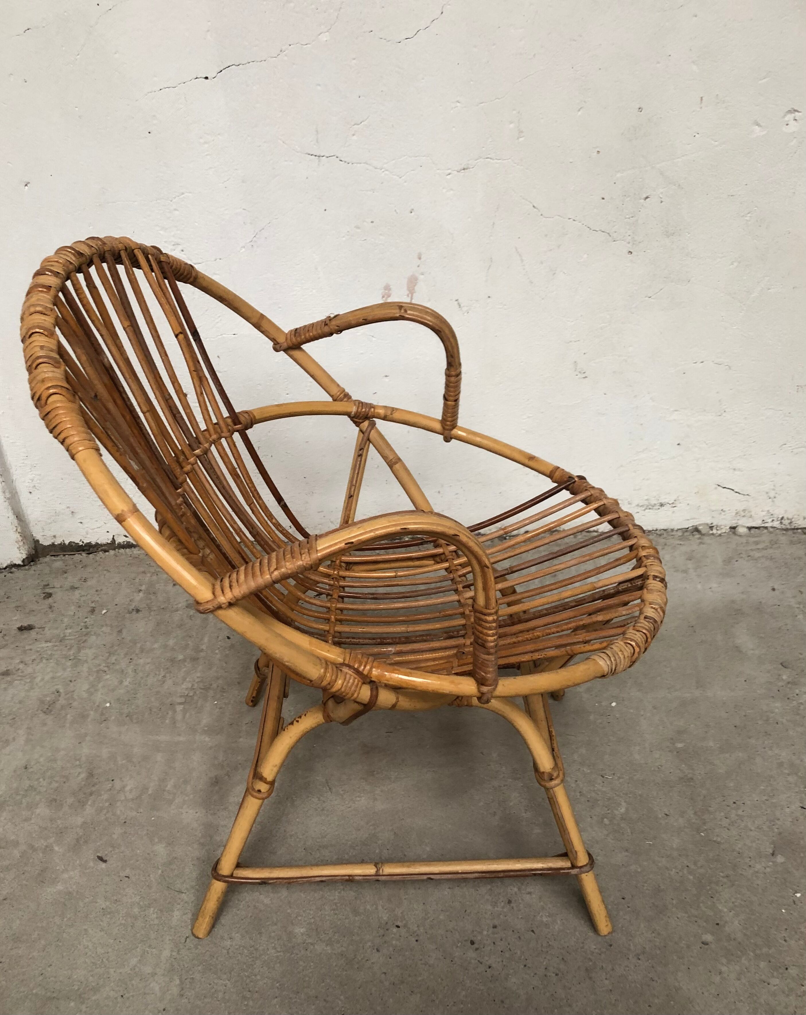 Vintage 70s rattan bamboo wicker shell armchair