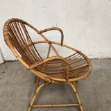 Vintage 70s rattan bamboo wicker shell armchair