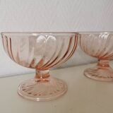 Pair of pink rosaline swirl glass fruit bowls