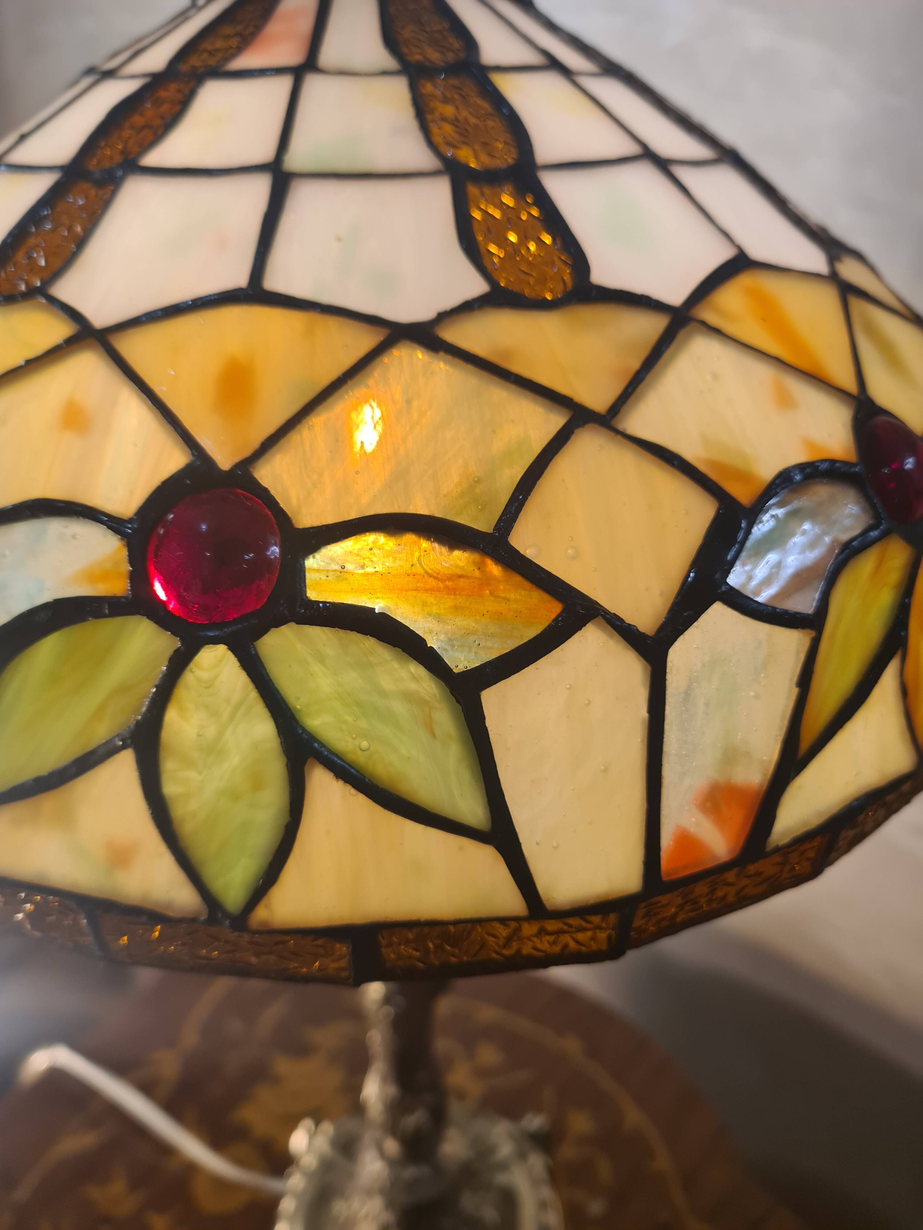 antique 19th century bronze rocaille lamp with a beautiful glass shade soldered with lead