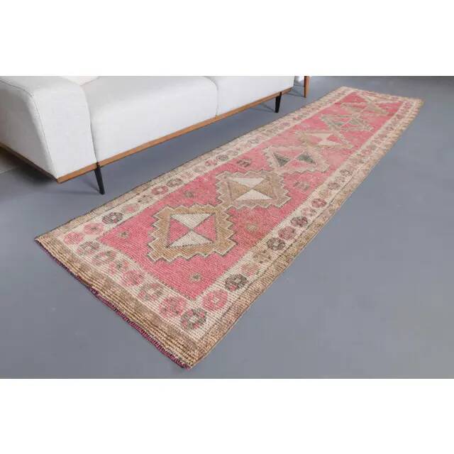 Vintage Turkish Hand-Knotted Wool Cotton Pink Runner Rug 92x364