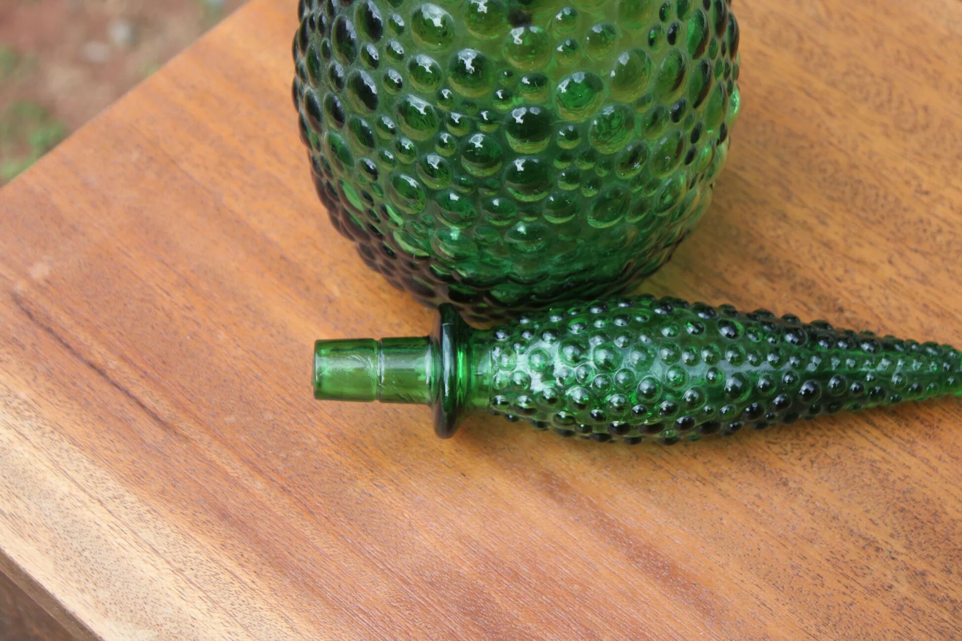Large decorative vintage green glass carafe/bottle with relief – H57 cm