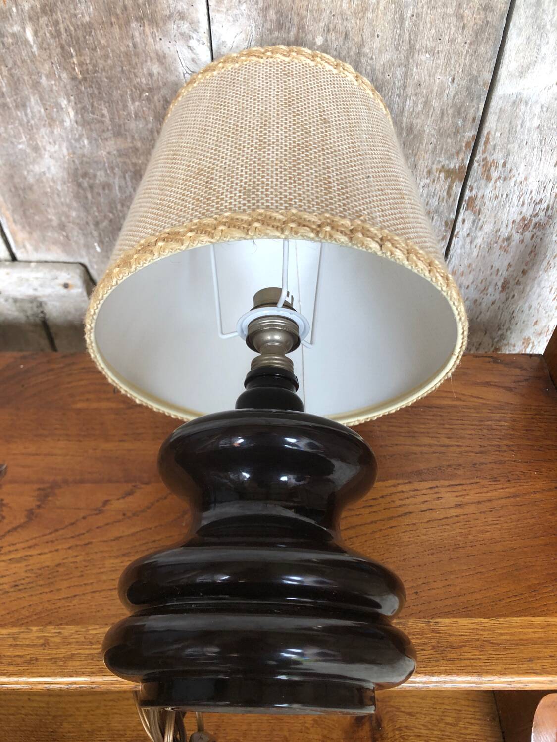 Old Brown Molded Glass Lamp + Beige Lampshade 70's Vintage #A832