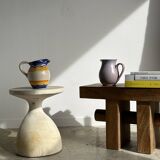 Solid wood bench with openwork base crossed by a cylinder - Mango wood