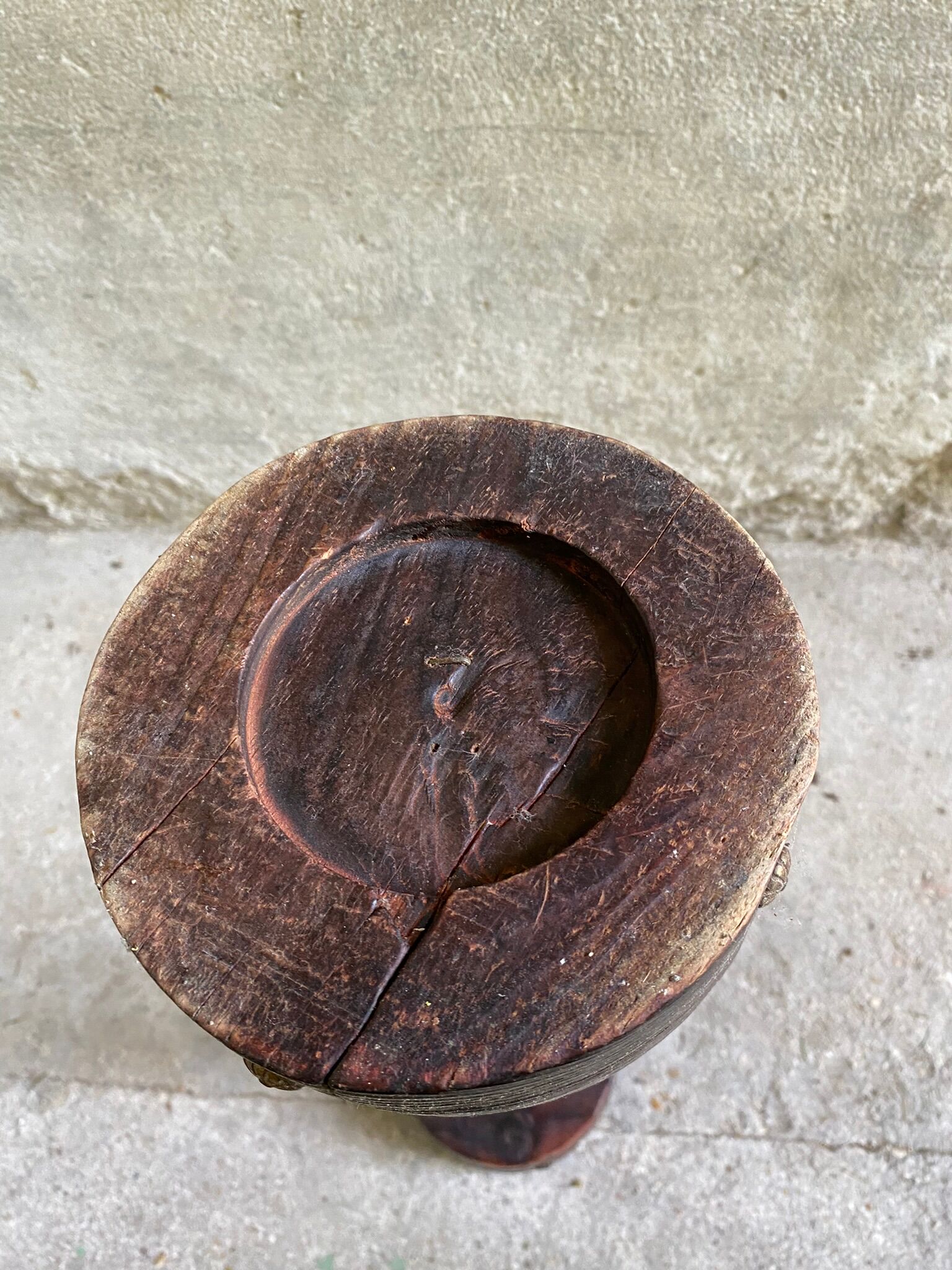 Rustic ashtray carved wood on vintage stand