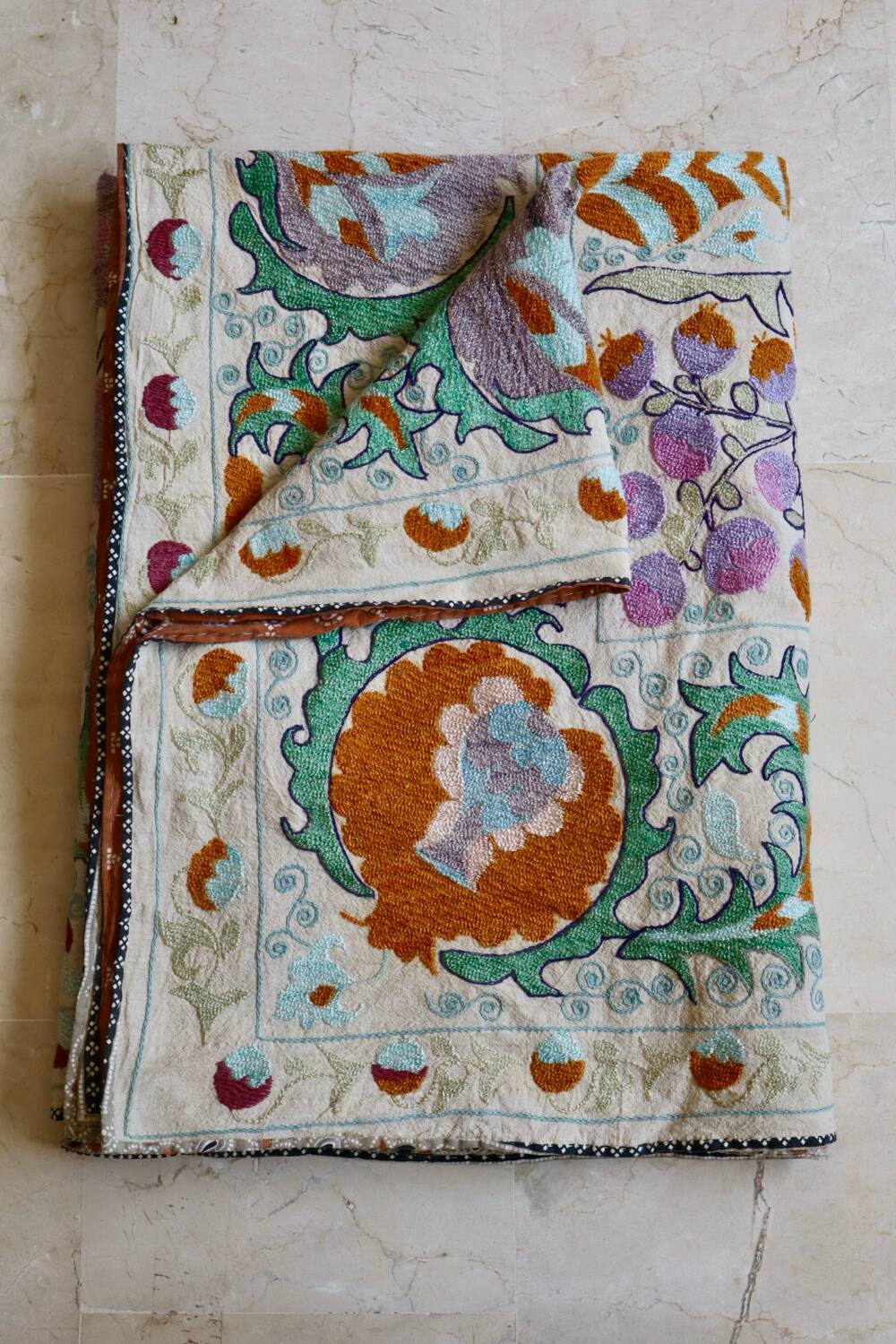 Antique hand embroidered silk suzani bedspread