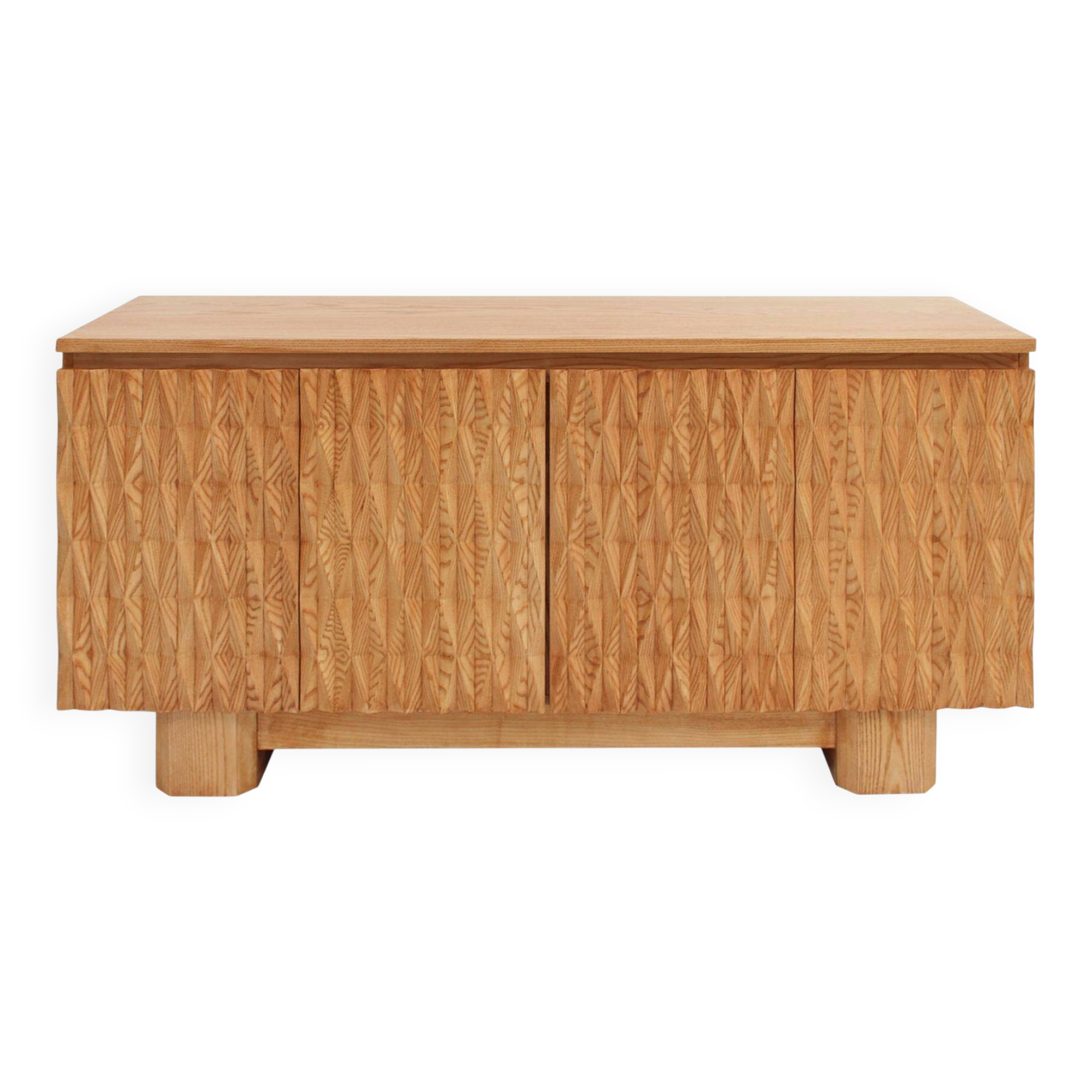 Hand-Carved Solid Oak Italian Sideboard with Four Doors, Brutalist Style