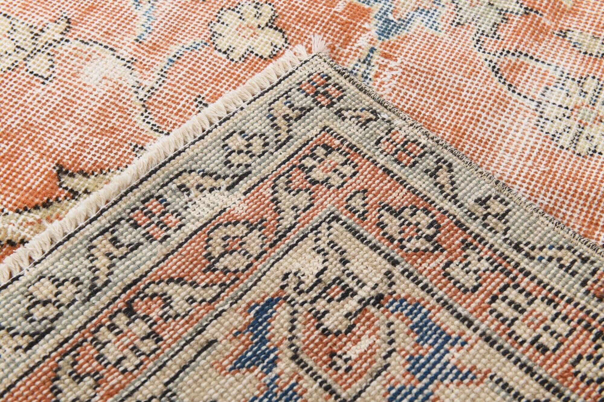 8x11 Orange & Blue Bordered Turkish Vintage Rug, Rugs For Bedroom, Antique