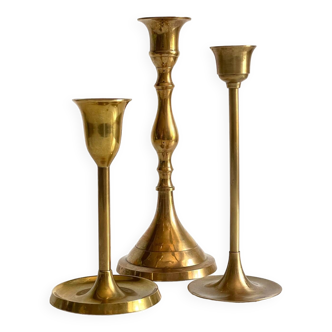 3 vintage candle holders in solid brass