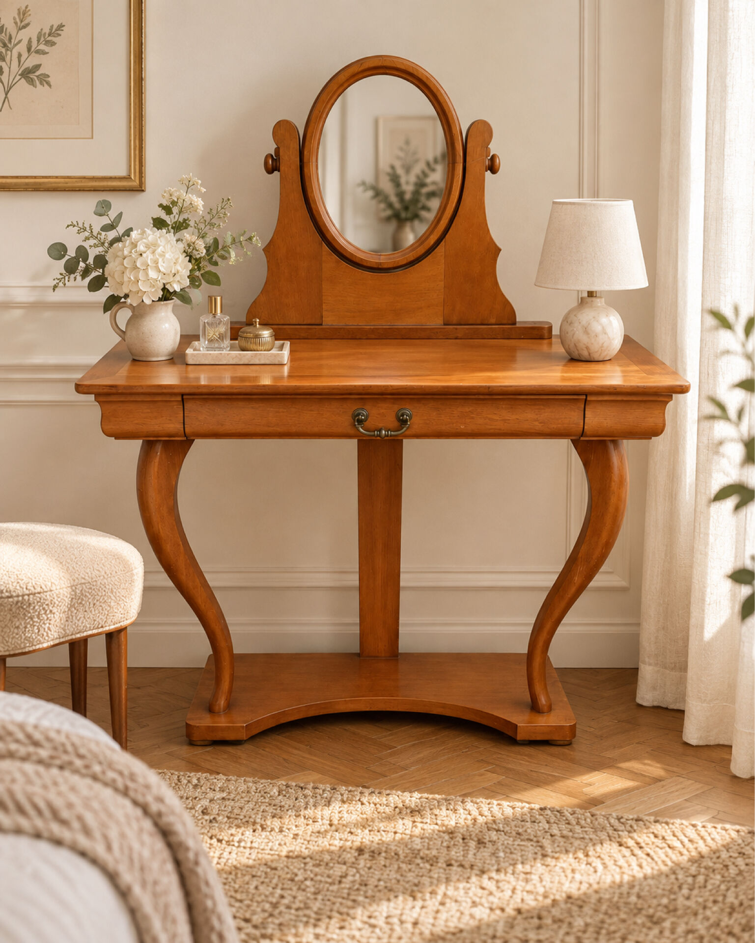 Coiffeuse Console en merisier avec miroir ovale orientable