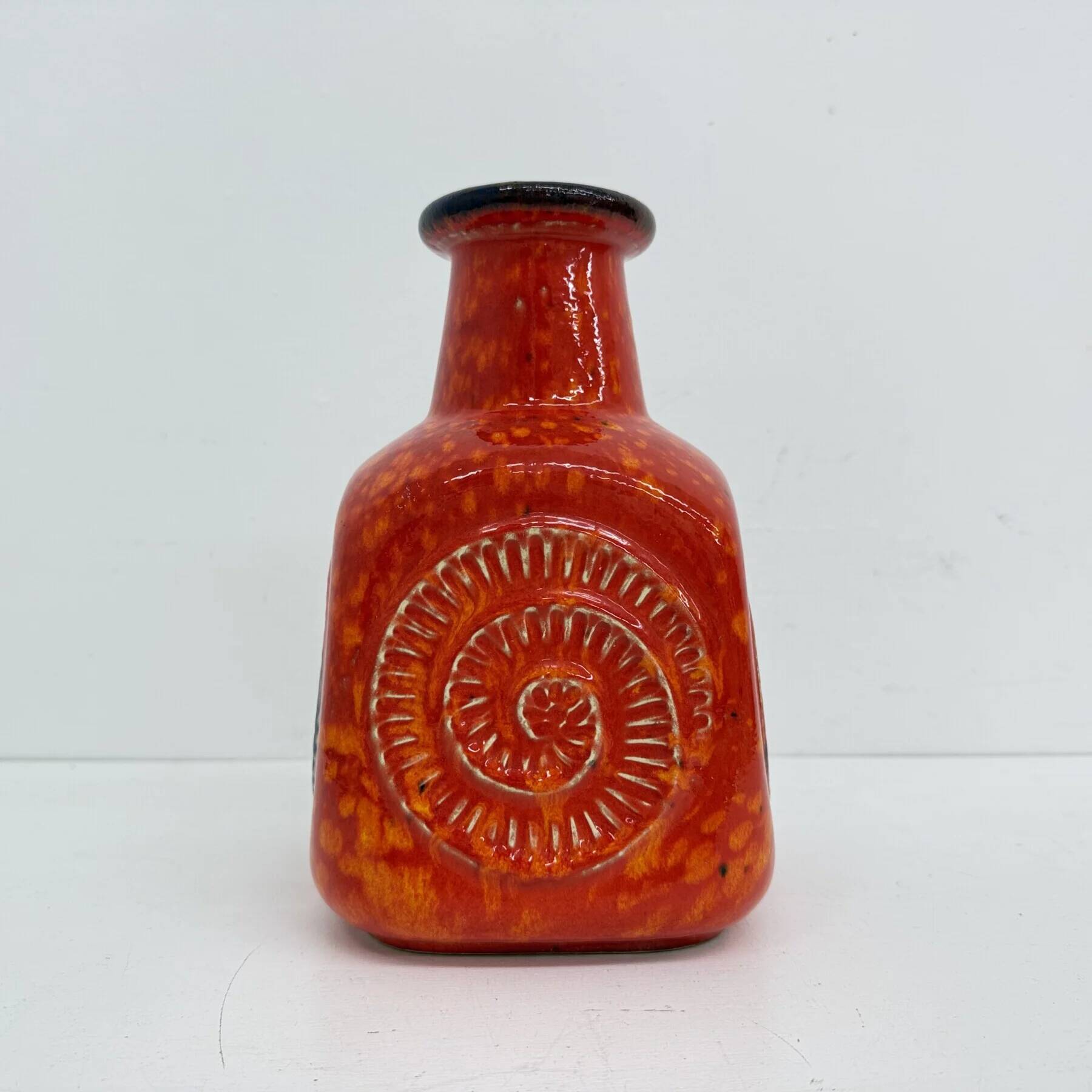 Scheurich West Germany Bay ceramic vase orange with blue fossils, 1970s