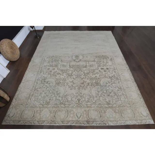 1970s Vintage Persian Handmade Wool Cotton Beige Area Rug 285x370