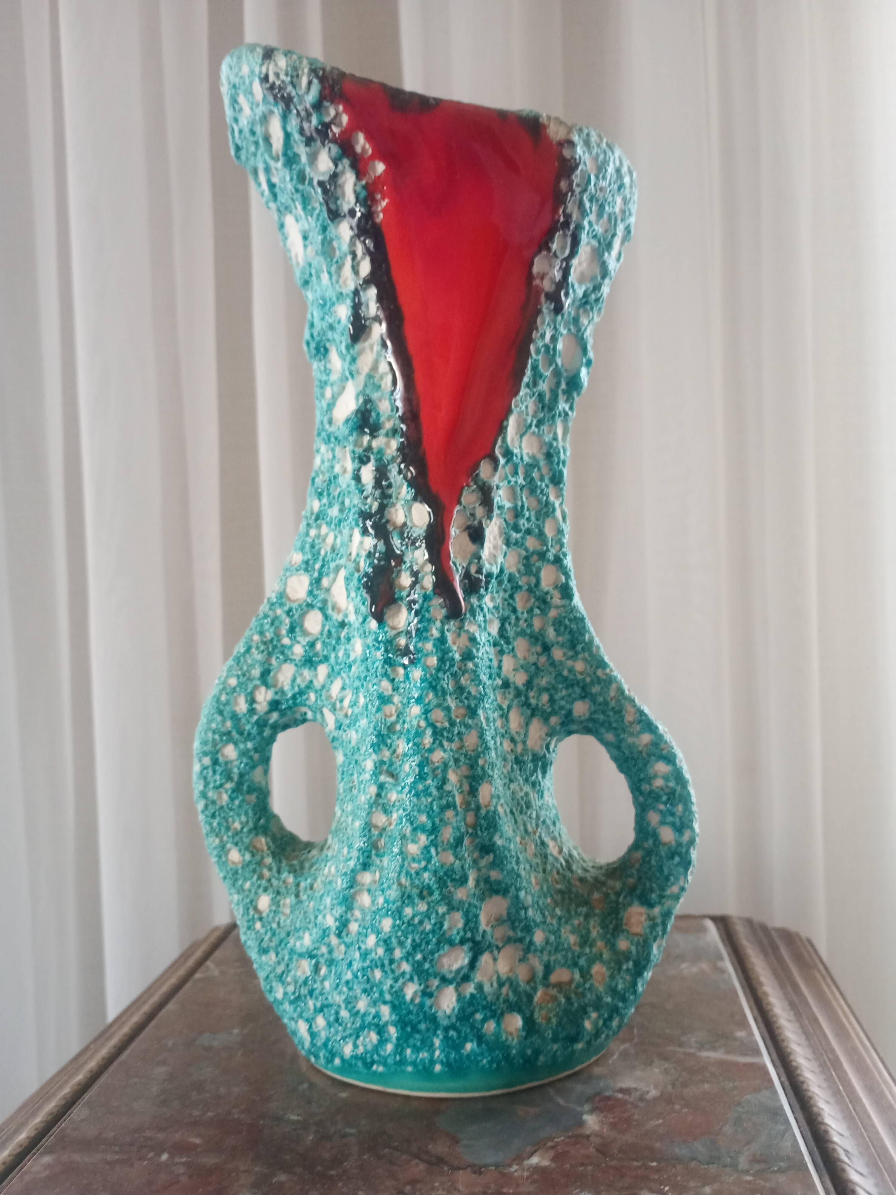 Turquoise "lava" double-handled vase - red & black enamel drips