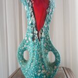 Turquoise "lava" double-handled vase - red & black enamel drips