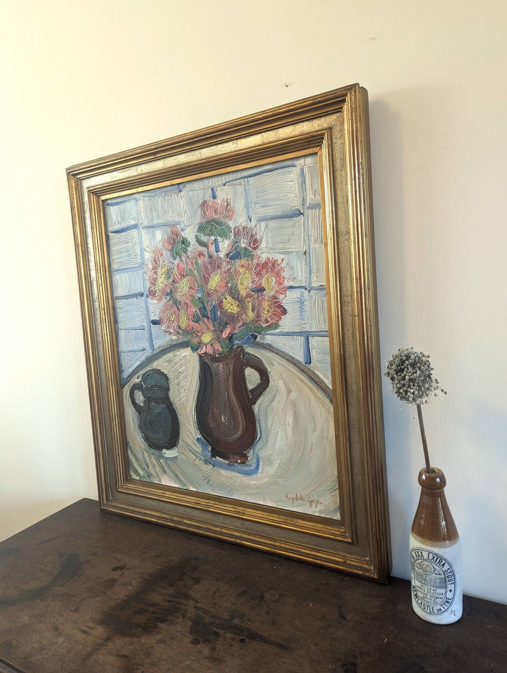 Mid-Century Modern Swedish "Pink Flowers" Vintage Still Life Oil Painting, Framed