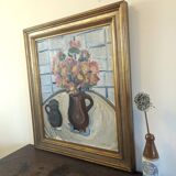 Mid-Century Modern Swedish "Pink Flowers" Vintage Still Life Oil Painting, Framed