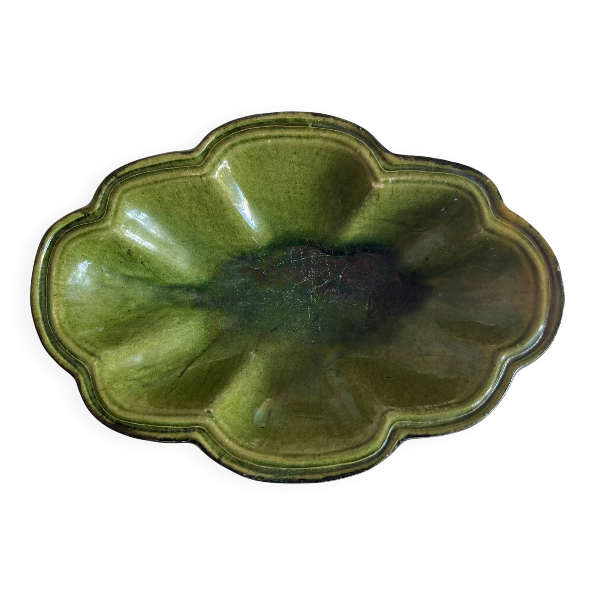 Ribbed dish in green glazed stoneware Dieulefit Poet Laval 1950