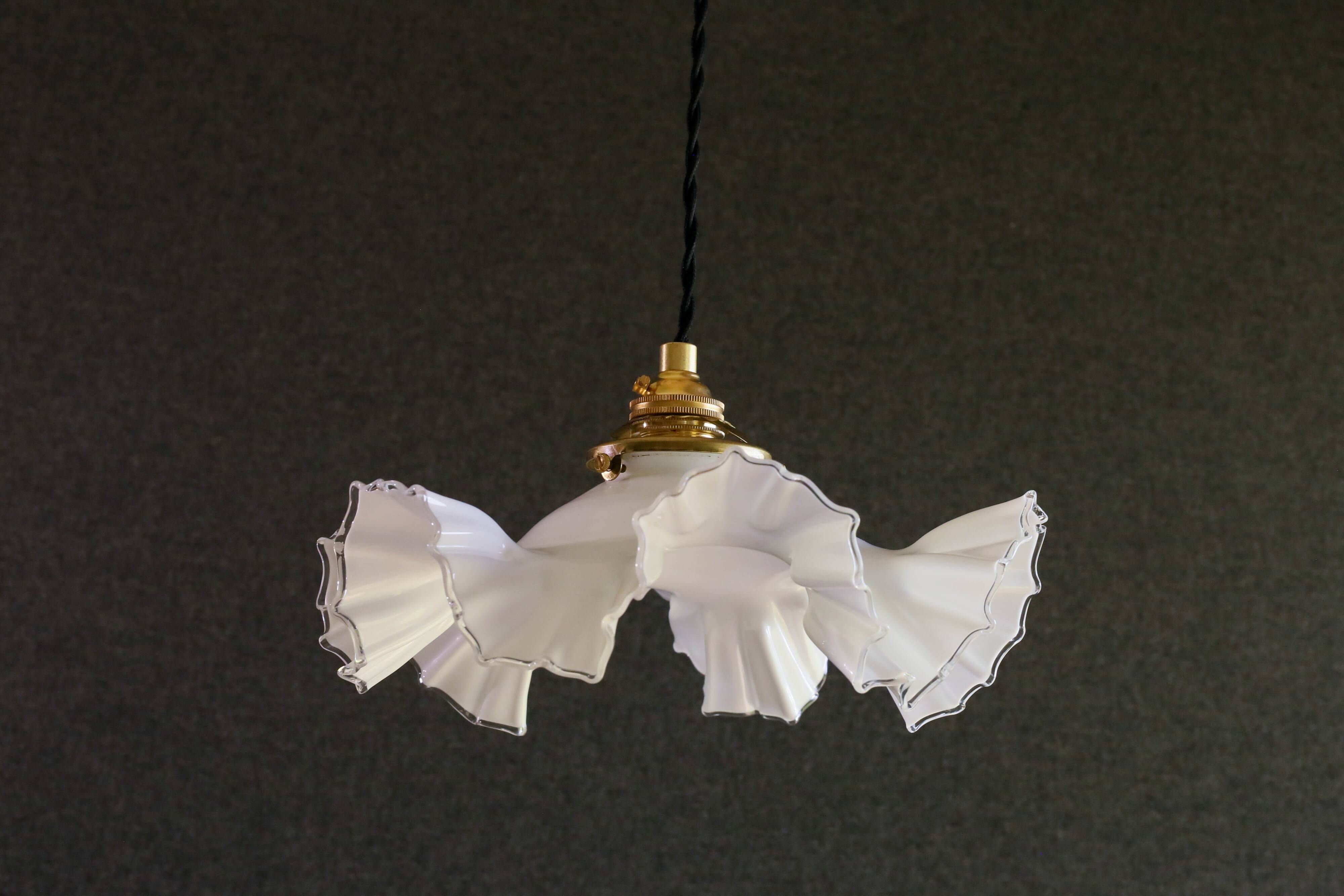 Old white glass pendant light with translucent net - circa 1930. Brass socket and new cable