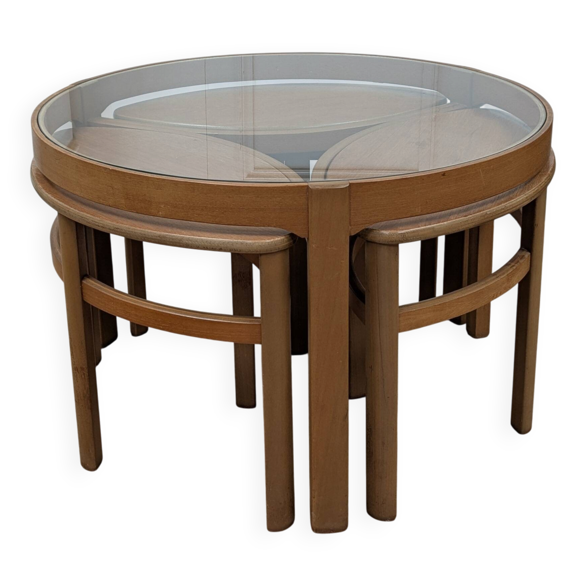 Trinity coffee table by Nathan, glass and wood, 1960s.