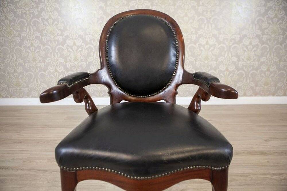 Late 19th Century Mahogany Armchair in Black Leather, 1890s