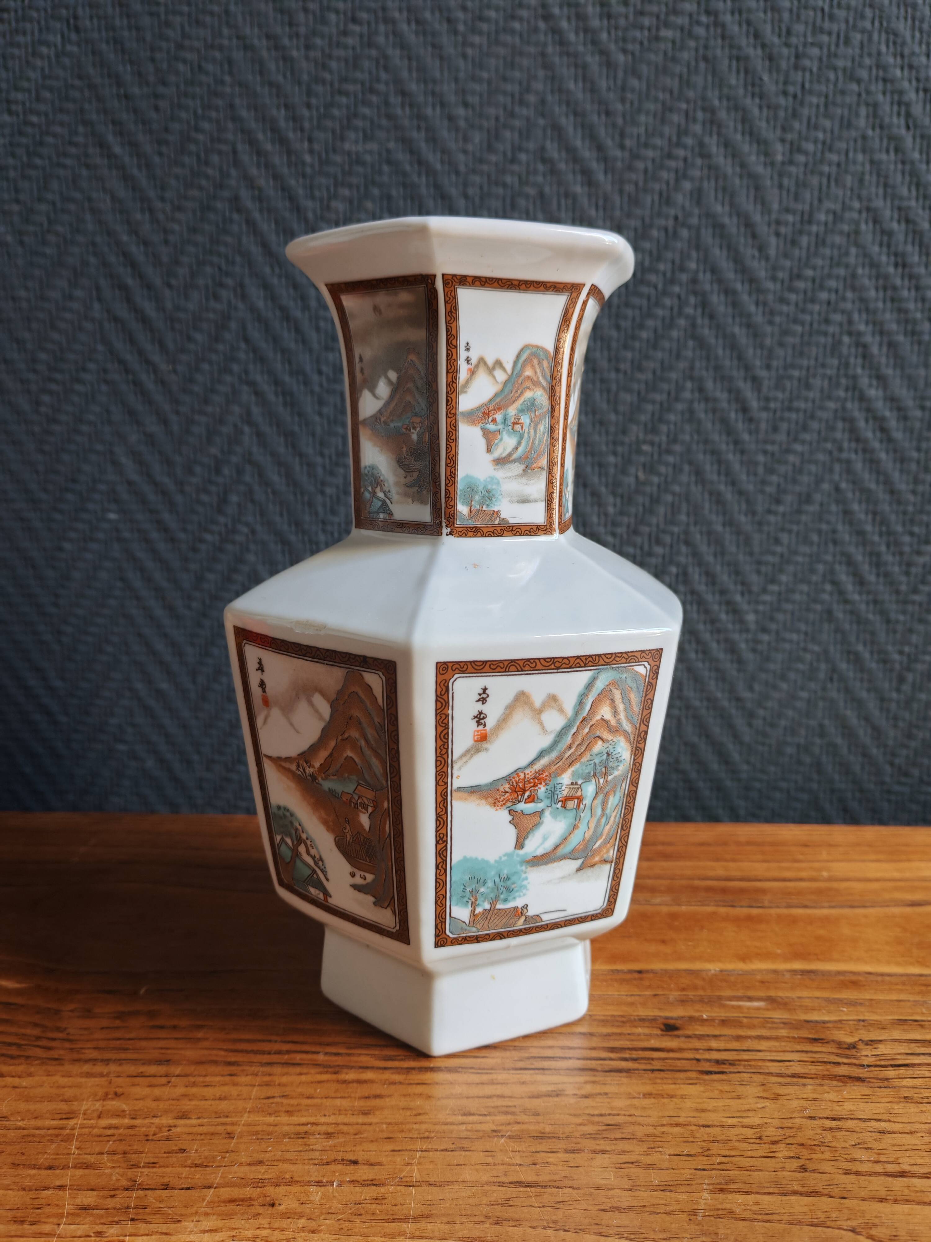 Vintage Hexagonal Japanese Porcelain Vase – Landscape Decoration