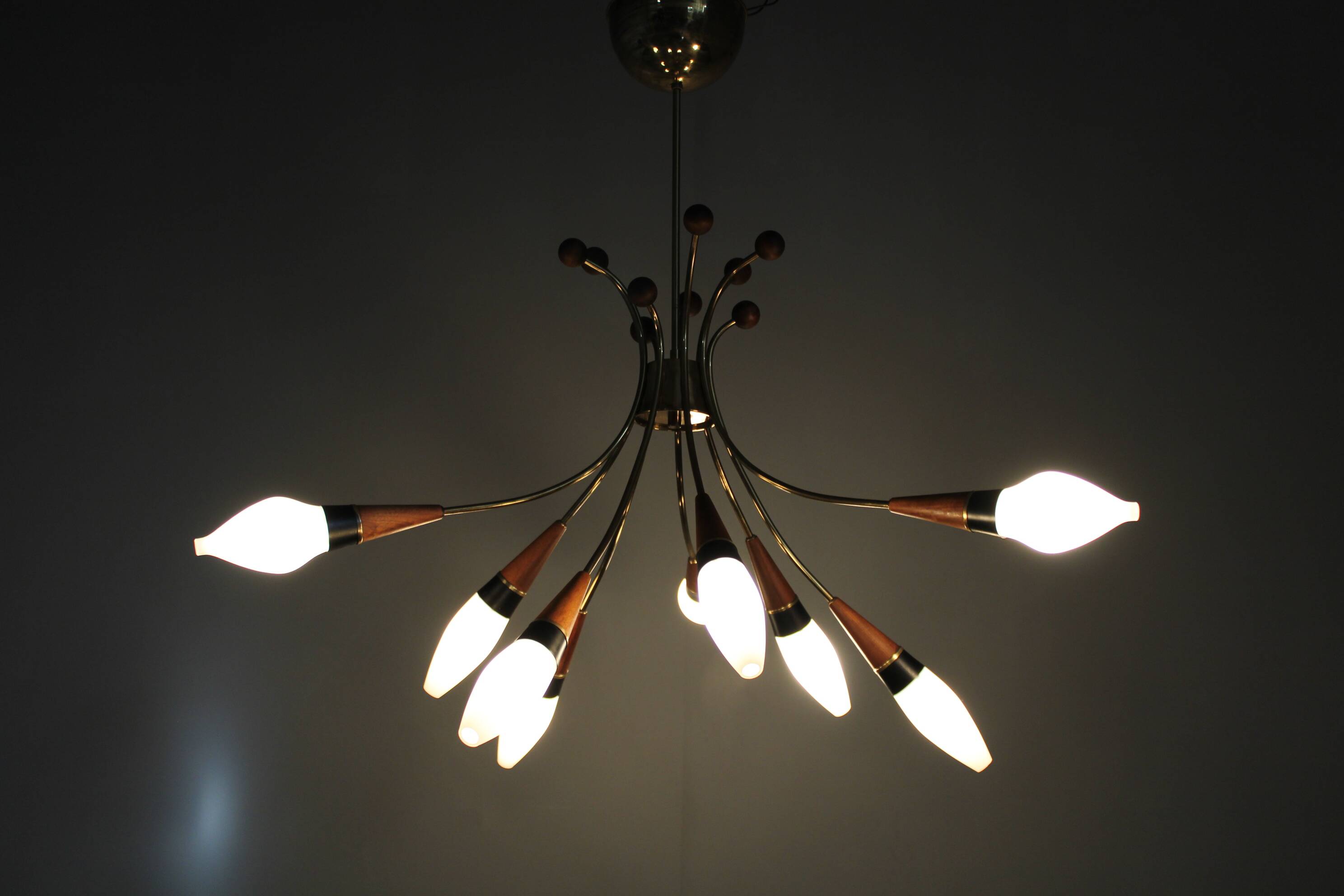 1960s Rupert Nikoll Brass and Teak Opaline Glass Chandelier, Austria