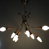 1960s Rupert Nikoll Brass and Teak Opaline Glass Chandelier, Austria